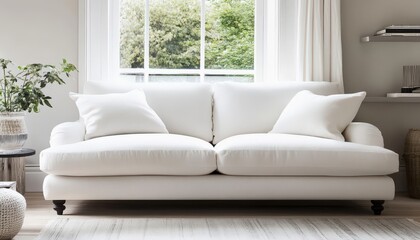 Fototapeta premium Comfortable White Sofa in a Bright Living Room with Natural Light and Greenery Relaxing Home Interior Design