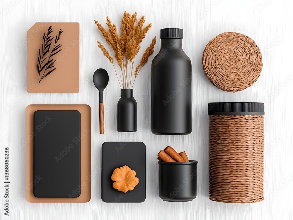 Poster neatly arranged flat lay composition featuring an array of stylish storage containers in cardboard w