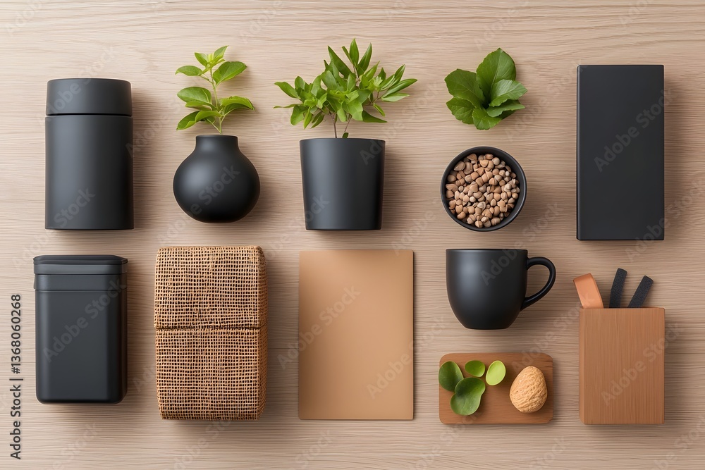 Poster neatly arranged flat lay composition showcasing a refined and organized collection of diverse storag