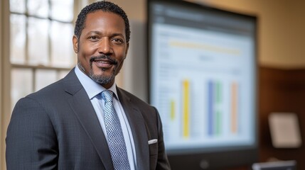 Fototapeta premium A man in a suit and tie stands in front of a large monitor