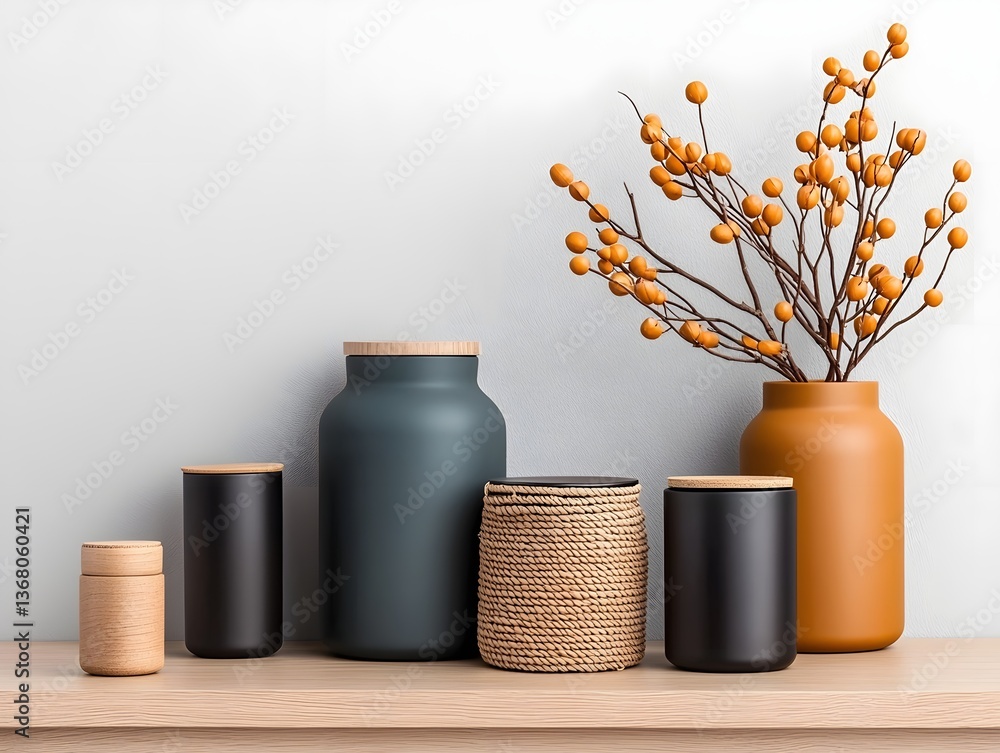Poster neatly arranged variety of storage containers including cardboard boxes wicker baskets and metallic 