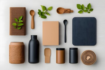 Neatly Curated Flat Lay of Diverse Storage Solutions Including Cardboard Wicker and Metal Containers in Complementary Earth Toned Hues Artfully Arranged on a Light Wooden Tabletop