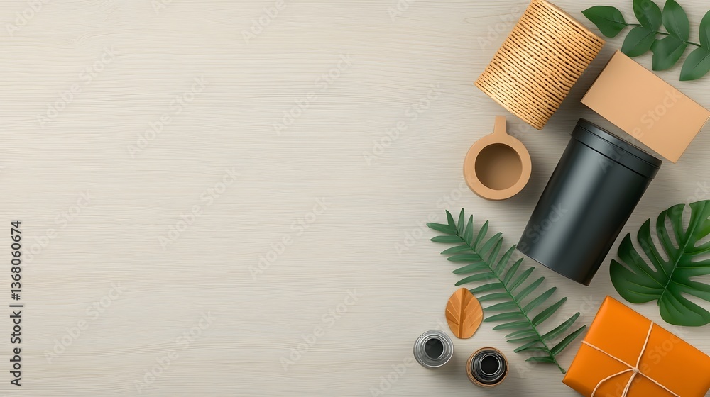 Poster neatly organized flat lay display of various storage containers in cardboard wicker and metal artful