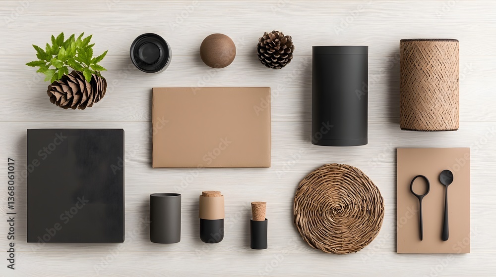 Poster orderly flatlay showcasing an array of storage containers and vessels in cardboard wicker and metal 