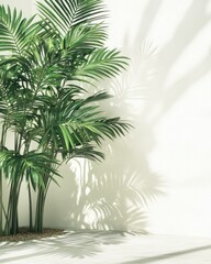Obraz premium A vibrant green potted plant sits against a clean white wall, its lush leaves cascading gracefully over the edges of the terracotta pot, adding a touch of nature to the minimalist space.