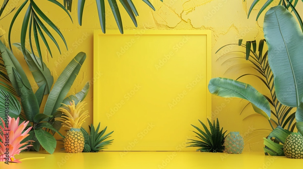 Aufkleber tropical plant and pineapple mockup with an empty frame on a bright yellow backdrop