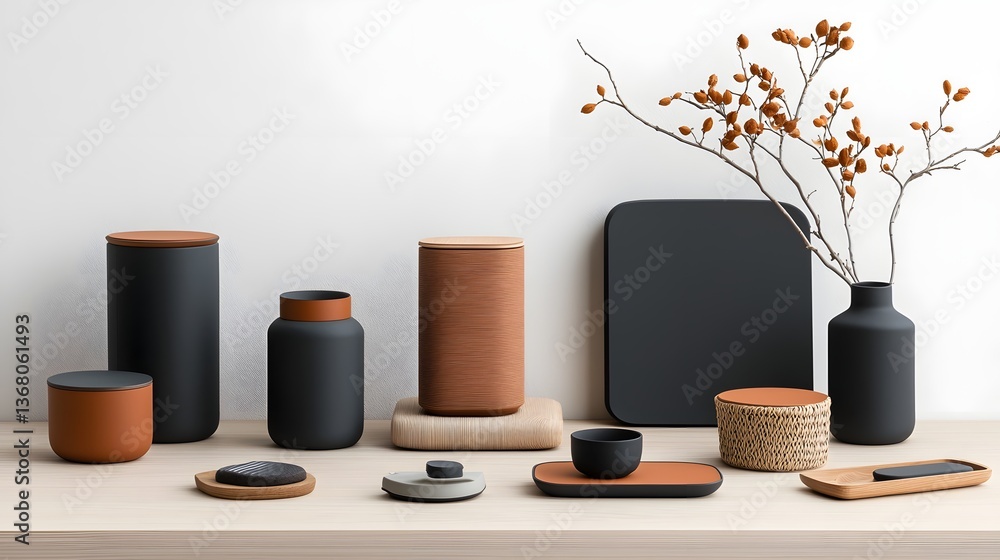 Aufkleber organized flat lay of an assortment of cardboard wicker and metal storage containers displayed on a 