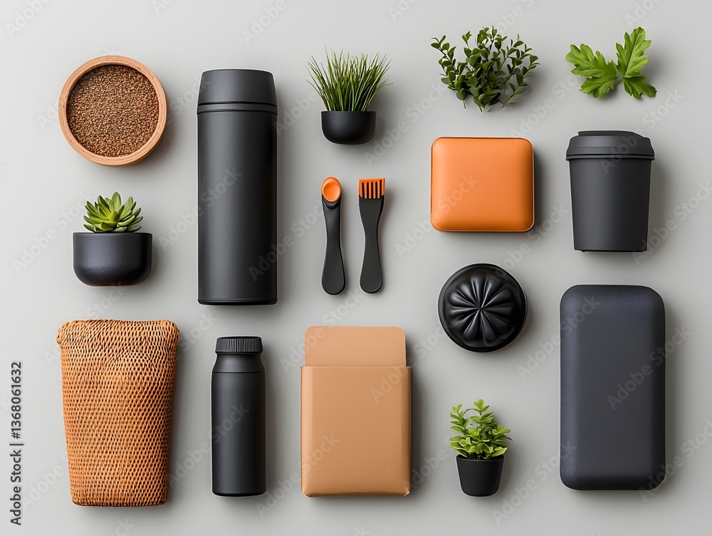 Poster organized flat lay of various home storage containers including cardboard wicker and metal designs i