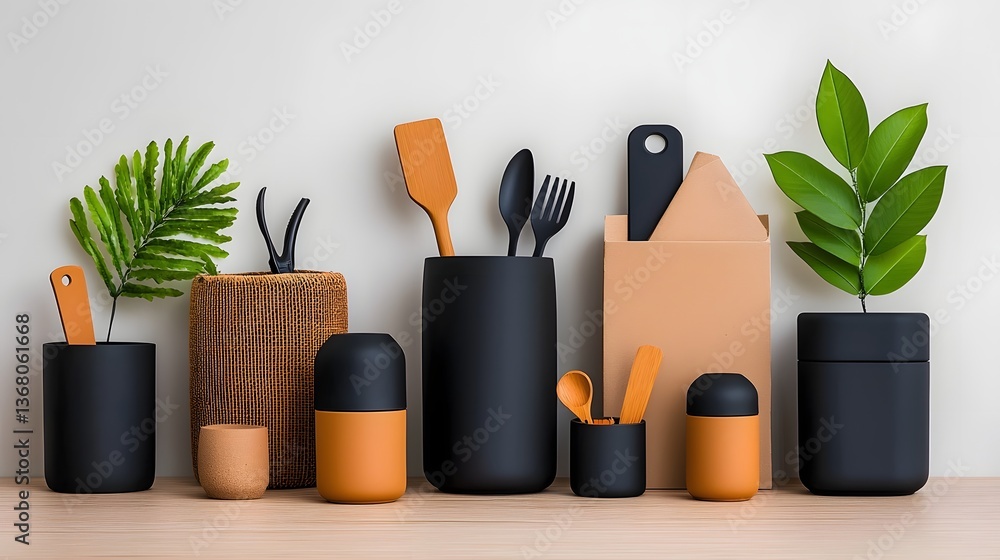 Poster organized flat lay showcasing a diverse selection of storage containers in various sizes materials a
