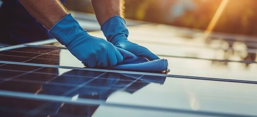 Person Cleaning Solar Panels with Blue Gloves