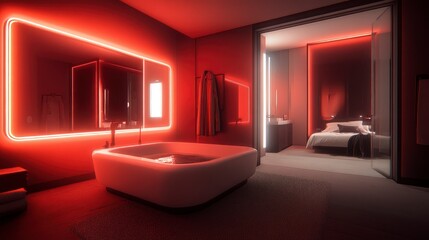 Futuristic Red Neon Bathroom with Bedroom View