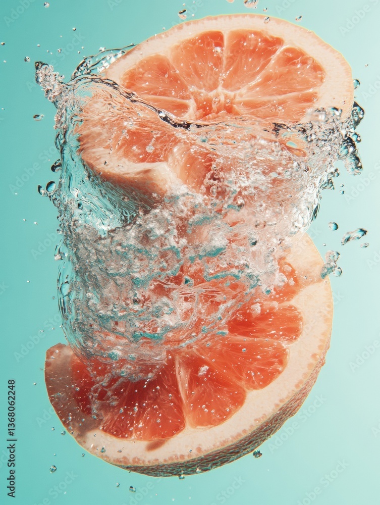 Poster Hydro-Dynamic Citrus Splash High-Precision Food Capturing Grapefruits Liquid Metamorphosis in Ultra-Fresh Beverage Branding Concept