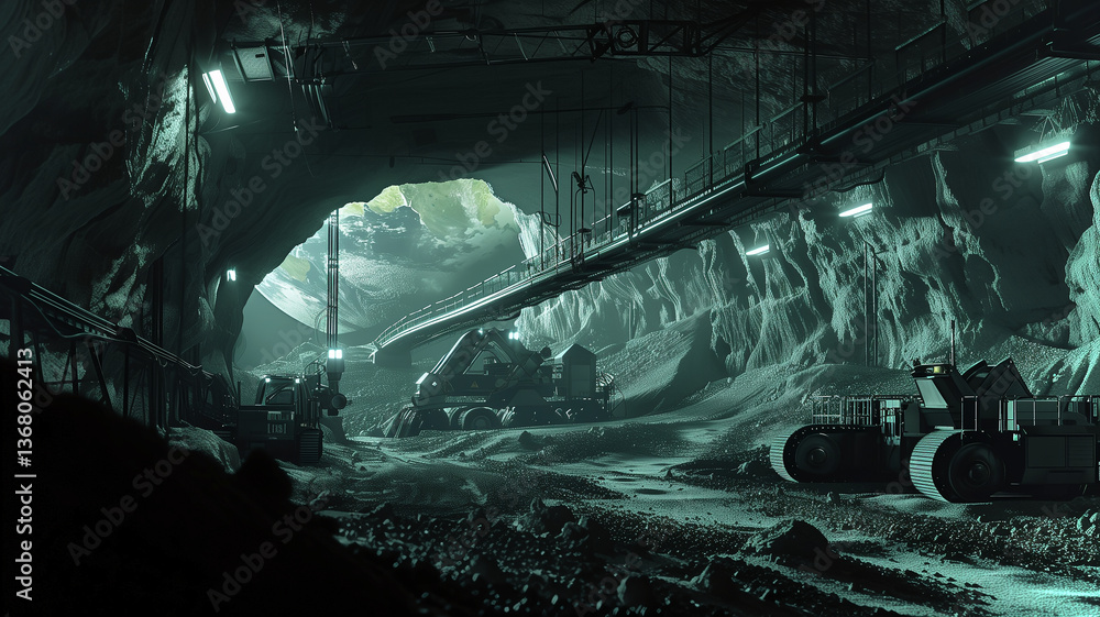 Poster this machines extract valuable resources from an asteroid's regolith within a dimly lit cavern.