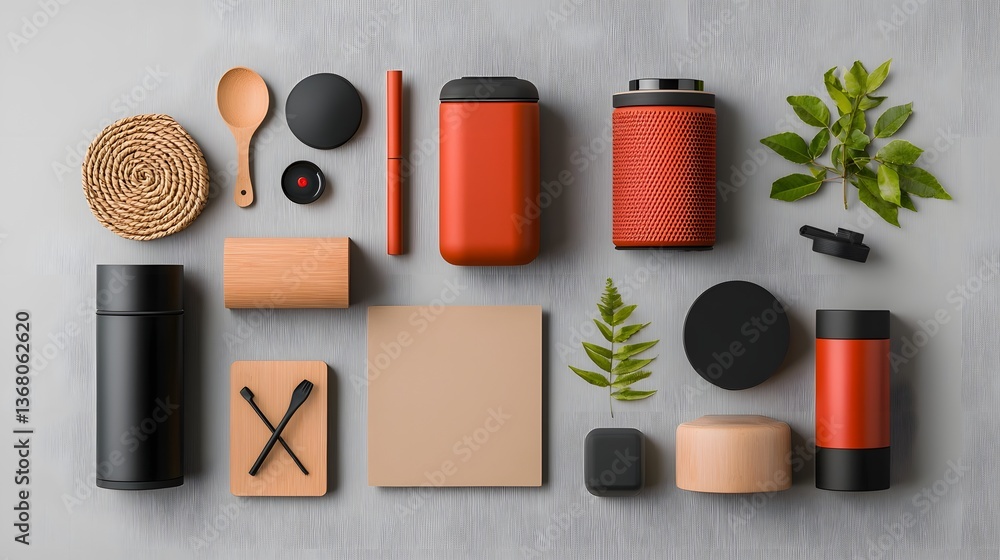 Poster overhead flat lay showcasing an assortment of storage containers in various materials such as cardbo