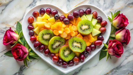 Elegant heart shaped fruit arrangement with red grapes, kiwi, pineapple, and orange, drizzled with passion fruit pulp and decorated with edible flowers, on a white marble plate