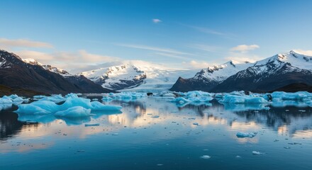 Serene Glacial Landscape with Icebergs Reflecting in Calm Waters at Sunset