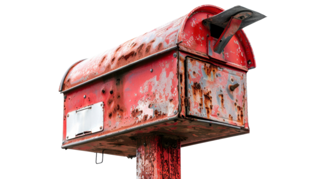 Rusty red mailbox showing deterioration and neglect on transparent background