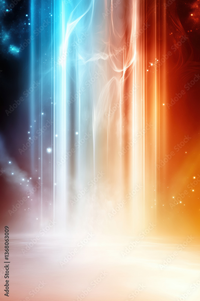 Poster dynamic abstract light display with cool and warm tones at nighttime