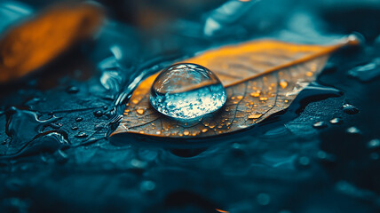 Aesthetic wallpaper featuring a close up of a crystal clear raindrop on a leaf, capturing intricate details and reflections in high definition. Perfect for social media posters and nature themes.

