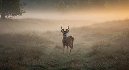 Obraz premium Majestic stag standing in misty meadow at dawn, surrounded by serene nature