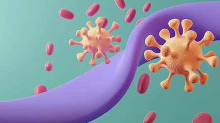 Naklejka premium 3D illustration of virus particles blood cells representing COVID 19 impact on health