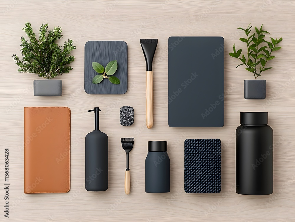 Poster overhead view showcasing a curated collection of organizational tools and containers in diverse text