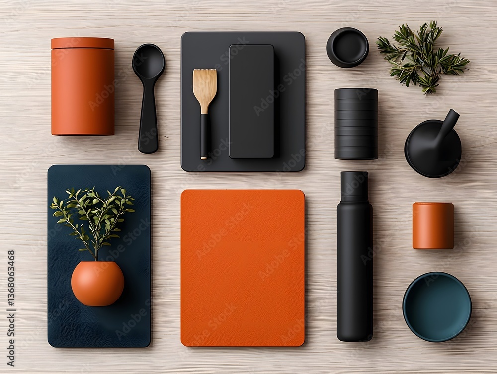 Poster overhead view showcasing a curated collection of organizational tools and containers in diverse text