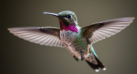 Fototapeta premium Vibrant hummingbird hovering mid-air with iridescent feathers against a blurred backdrop