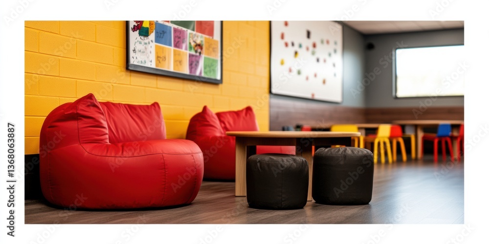 Poster collaborative learning oasis vibrant flexible workspace design with bold color psychology and adapti