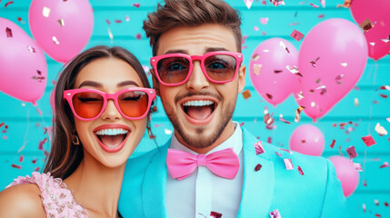 A joyful couple smiles widely, surrounded by pink balloons and confetti, radiating a fun, festive atmosphere in colorful outfits.