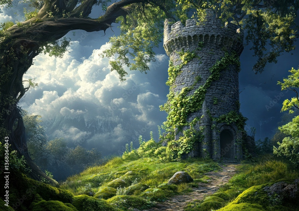 Poster exploring old stone tower with greenery path in enchanted forest
