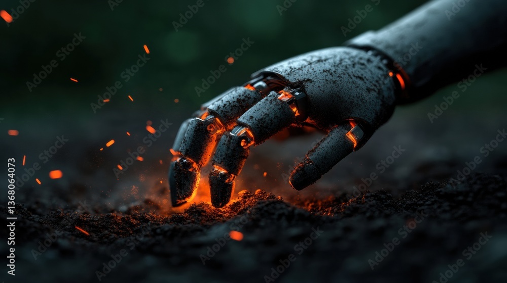 Poster Cybernetic Evolution Futuristic AI Robotic Hand Emerging from Dark Terrain with Glowing Embers - Transformative Technology Visualizing Digital Resilience and Breakthrough Innovation