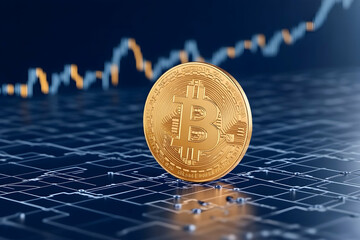 Golden cryptocurrency coin rests on circuit board with fluctuating graph