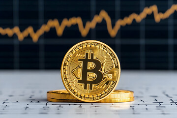Golden cryptocurrency coins on a chart showing upward trend
