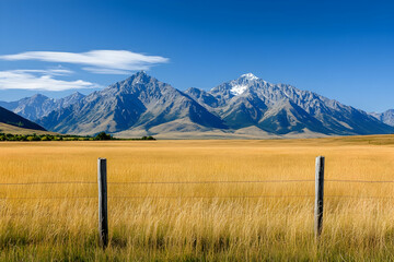 Golden field, snow-capped mountains under a clear blue sky