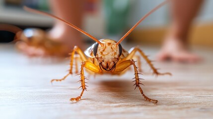 Fototapeta premium A strikingly detailed close-up of a cockroach navigating a pristine floor, showcasing its features while evoking feelings of anxiety and wariness in urban settings.