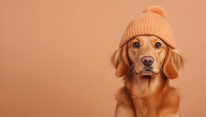 Golden dog wearing a knitted hat against a muted orange background