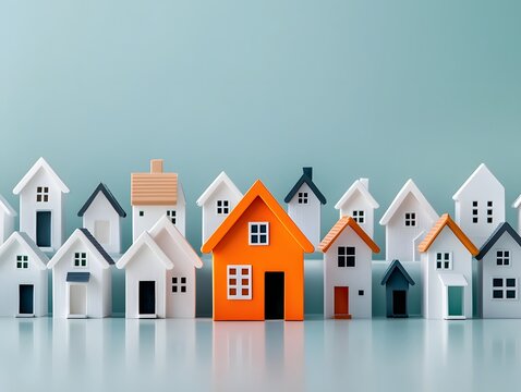 Quaint collection of minimalist white residential structures with a singular orange home standing out amidst the crowd showcasing real estate photography of model properties for prospective buyers