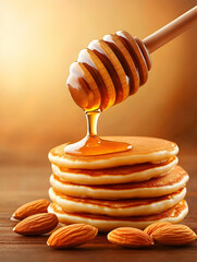 Golden honey dripping onto a stack of pancakes with almonds