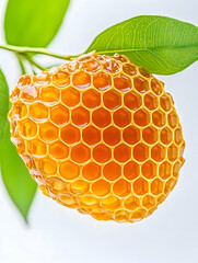 Golden honeycomb dripping honey, attached to green leaves