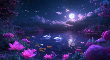Swans Swimming on Lake with Flowers Under Moonlight Night Landscape