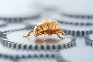Golden insect atop metallic gears, symbolizing technological malfunction or innovation