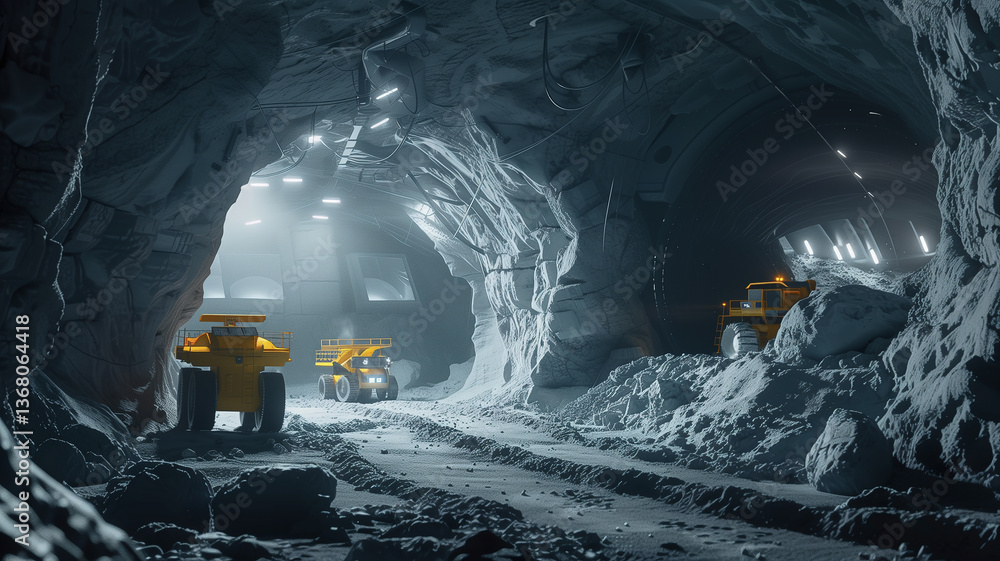 Poster this robots operate in a dark tunnel, extracting regolith for refining on an asteroid mining mission