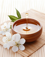 Golden oil drops falling into a wooden bowl with white blossoms on a bamboo mat