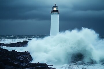 A towering lighthouse standing firm on a rocky shore as powerful waves crash against it during a storm
