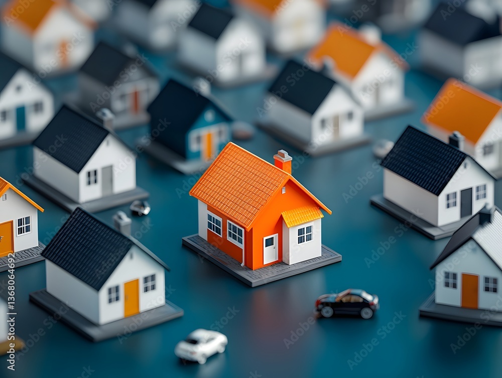 Poster rendering of a clustered residential development showcasing a vibrant central home among a row of id