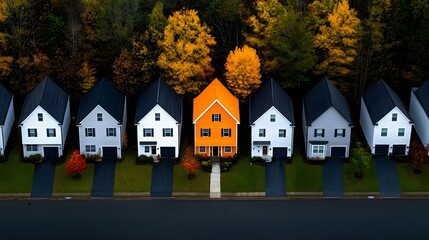 Quaint village setting featuring rows of traditional white houses with one striking orange model home standing out prominently at the center