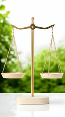 Golden scales of justice on a white surface with a blurred green background
