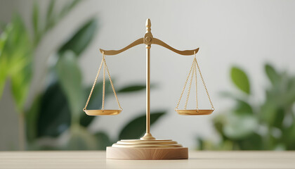Golden scales of justice on wooden base, balanced, blurred green background