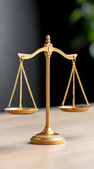 Golden scales of justice on wooden surface (1)